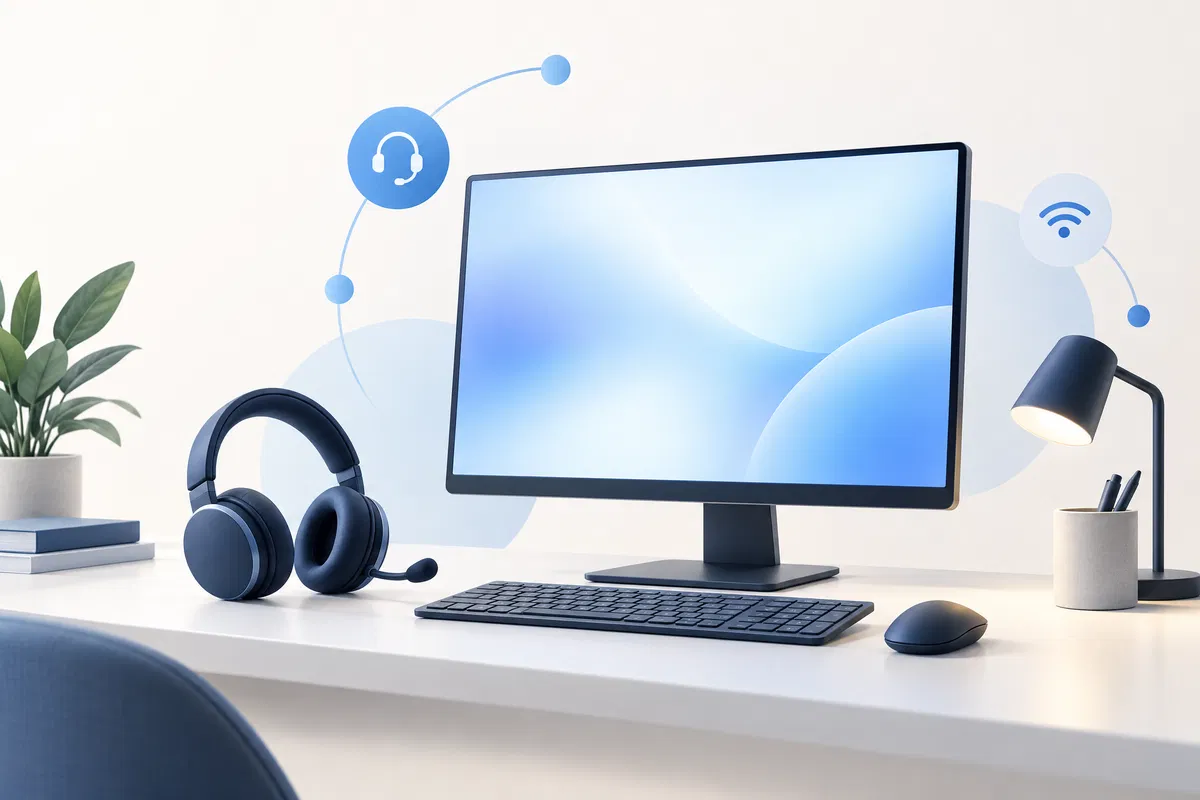 Customer support headset and computer workspace illustration
